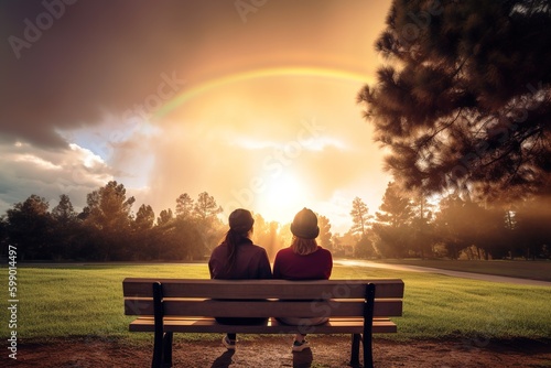 Two female friends back view sitting on a park bench and admiring the beautiful sky with colorful rainbow at sunset. Generative AI