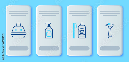 Set line Pet shampoo, Dental hygiene for pets, carry case and Hair brush dog and cat icon. Vector
