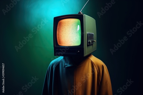 Human body with head of retro television over dark green background. Generative AI
