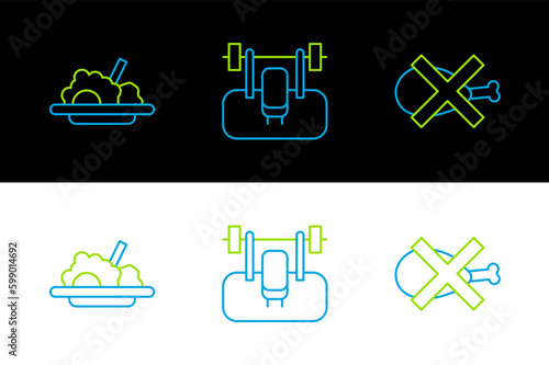 Set line No meat, Healthy food and Bench with barbel icon. Vector