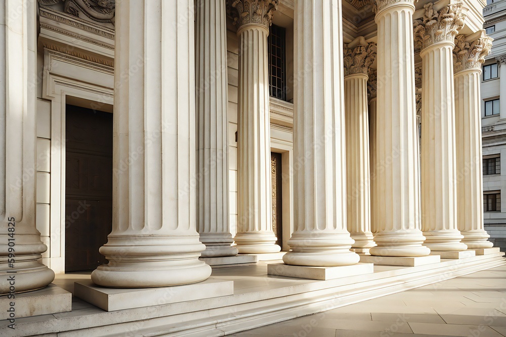 Courthouse columns. Classical building façade with stone and marble. Greek Style Columns Row. Generative AI Courthouse columns. Classical building façade with stone and marble. Greek Style Columns Row. Generative AI