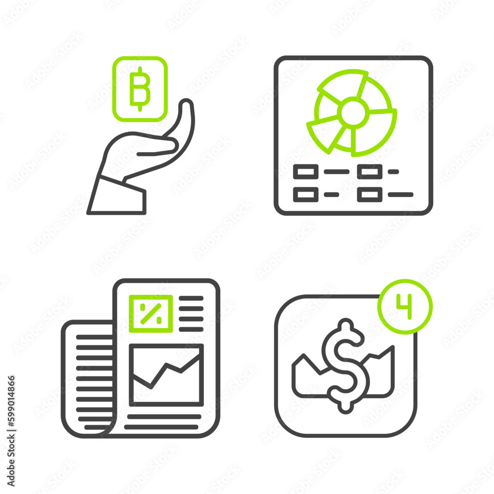Set line Mobile stock trading, Business finance report, Pie chart infographic and Hand holding Bitcoin icon. Vector Set line Mobile stock trading, Business finance report, Pie chart infographic and Hand holding Bitcoin icon. Vector