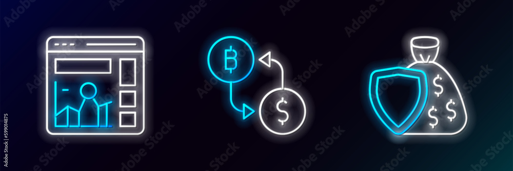 Set line Shield and money bag, Website with growth graph and Cryptocurrency exchange icon. Glowing neon. Vector Set line Shield and money bag, Website with growth graph and Cryptocurrency exchange icon. Glowing neon. Vector