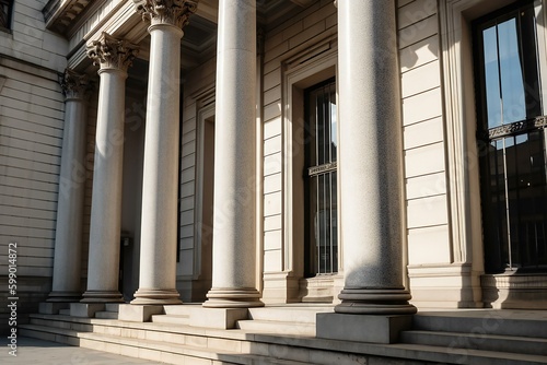 Courthouse columns. Classical building façade with stone and marble. Greek Style Columns Row. Generative AI