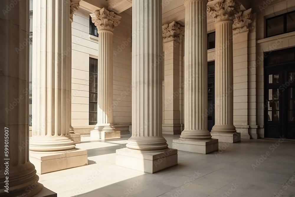 Courthouse columns. Classical building façade with stone and marble. Greek Style Columns Row. Generative AI Courthouse columns. Classical building façade with stone and marble. Greek Style Columns Row. Generative AI