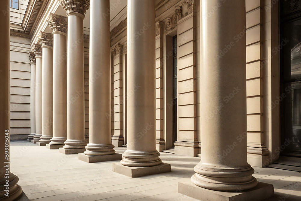 Courthouse columns. Classical building façade with stone and marble. Greek Style Columns Row. Generative AI Courthouse columns. Classical building façade with stone and marble. Greek Style Columns Row. Generative AI