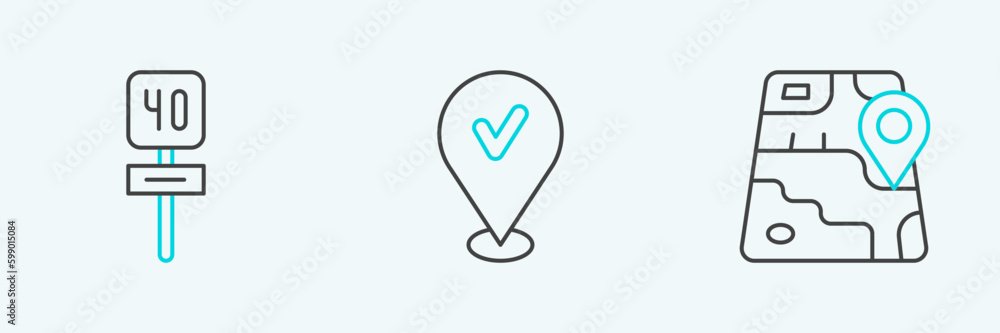 Set line City map navigation, Road traffic sign and Location with check mark icon. Vector Set line City map navigation, Road traffic sign and Location with check mark icon. Vector