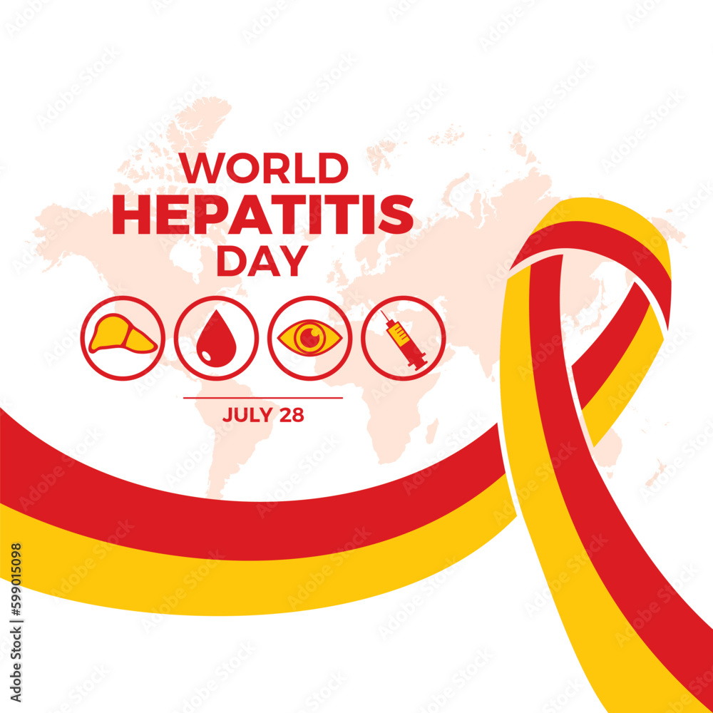 World Hepatitis Day poster with ribbon and medical icon set vector. Red