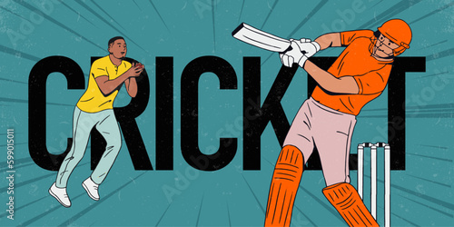Illustration of batsman and bowler playing cricket championship Vector digital banner