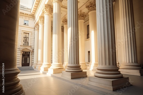 Courthouse columns. Classical building façade with stone and marble. Greek Style Columns Row. Generative AI © Snapshooter