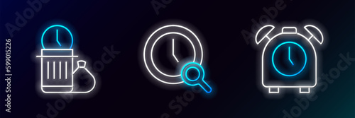 Set line Alarm clock, Waste of time and Magnifying glass with icon. Glowing neon. Vector