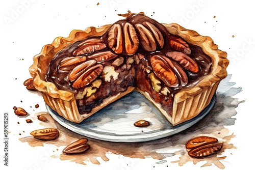 Watercolor Drawing Pecan Pie On White Background. Generative AI photo