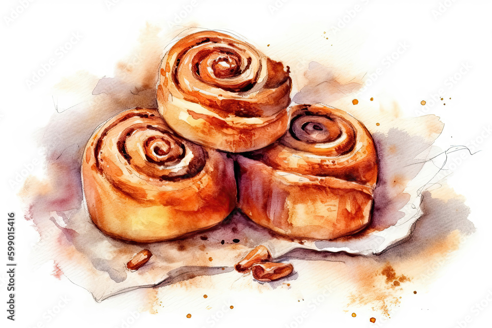 Fototapeta premium Watercolor Drawing Cinnamon Rolls On White Background. Generative AI