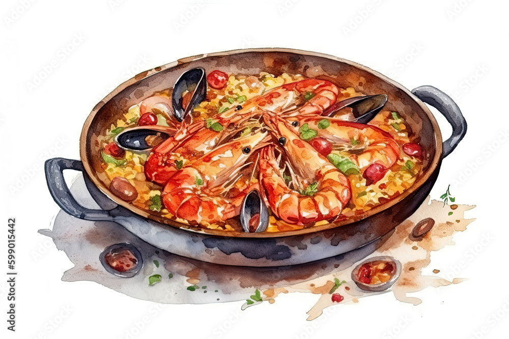 Watercolor Drawing Paella On White Background. Generative AI Watercolor Drawing Paella On White Background. Generative AI