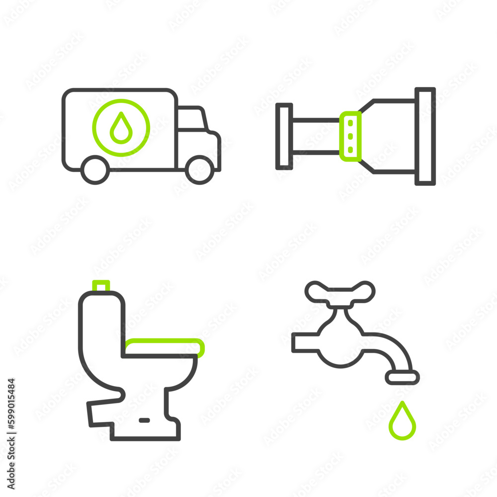 Set line Water tap, Toilet bowl, Pipe adapter and Plumber service car icon. Vector Set line Water tap, Toilet bowl, Pipe adapter and Plumber service car icon. Vector