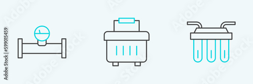 Set line Water filter, Industry pipe and manometer and Toolbox icon. Vector