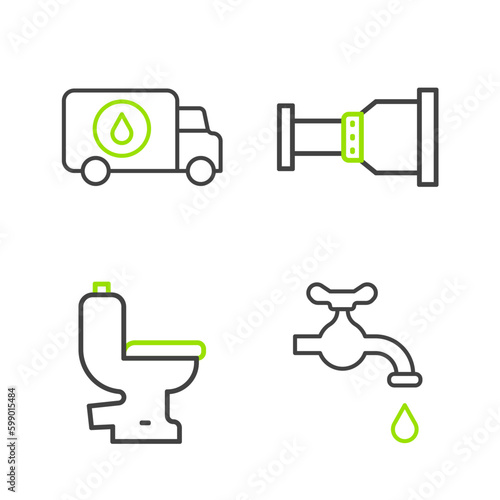 Set line Water tap, Toilet bowl, Pipe adapter and Plumber service car icon. Vector