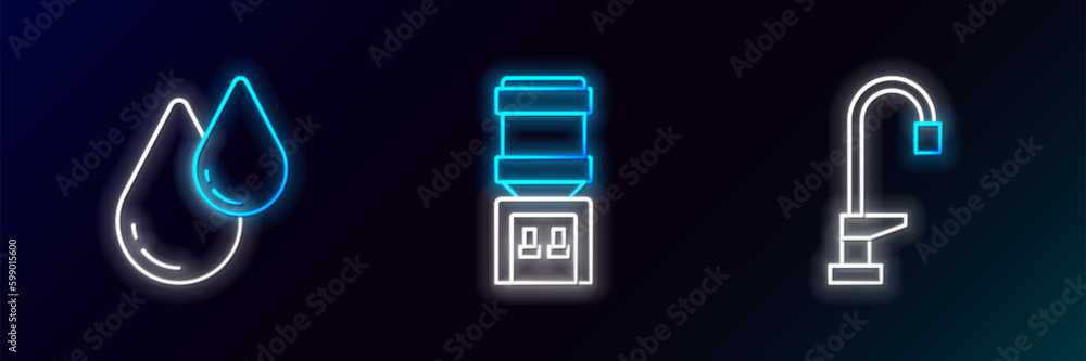 Set line Water tap, drop and cooler icon. Glowing neon. Vector Set line Water tap, drop and cooler icon. Glowing neon. Vector