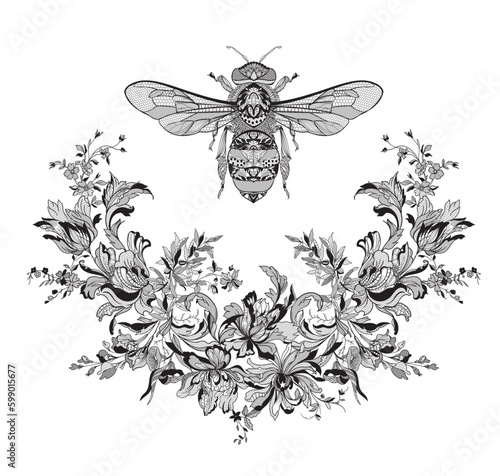 bee in a floral lace frame. vector illustration