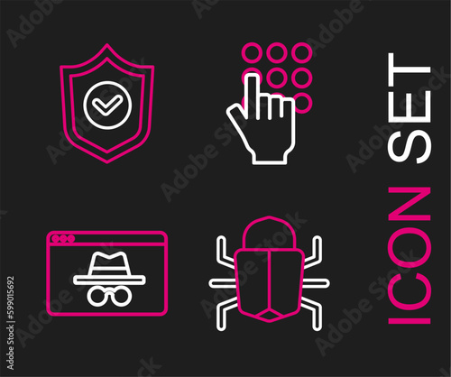 Set line System bug, Browser incognito window, Password protection and Shield with check mark icon. Vector