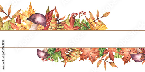 Watercolor border. Hand-drawn autumn leaves, forest mushrooms and twigs with berries. Frame for the inscription