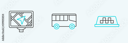 Set line Taxi car roof, Gps device with map and Bus icon. Vector
