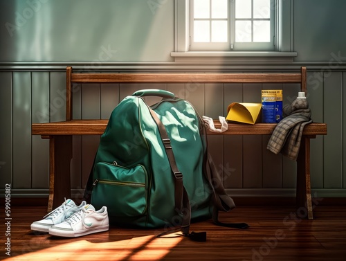 A backpack and gym bag sitting on a bench in a hallway