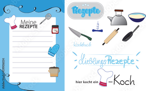 Rezeptheft-Deckblatt und verschiedene Designelemente mit dem Thema Kochen und Hobbykoch