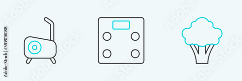 Set line Broccoli, Stationary bicycle and Bathroom scales icon. Vector