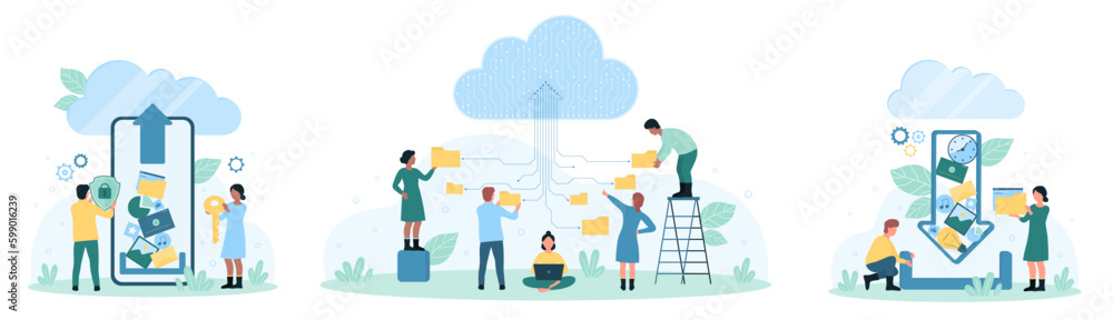 Cloud storage for data files set vector illustration. Cartoon tiny people upload digital documents, backup and archives to cloud service, online organization and security of folders and catalogs - obrazy, fototapety, plakaty 