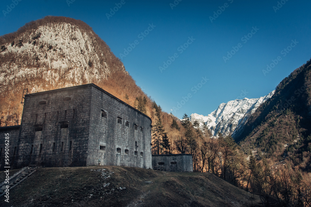 Kluže Fort stands amidst the picturesque Slovenian Alps, framed by the remnants of winter. A captivating blend of history and natural beauty. Kluže Fort stands amidst the picturesque Slovenian Alps, framed by the remnants of winter. A captivating blend of history and natural beauty.
