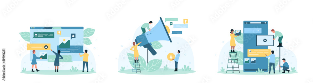 Online communication set vector illustration. Cartoon tiny people talk by chat messages in social media and post content on phone screen, characters speak with megaphone in marketing campaign Online communication set vector illustration. Cartoon tiny people talk by chat messages in social media and post content on phone screen, characters speak with megaphone in marketing campaign