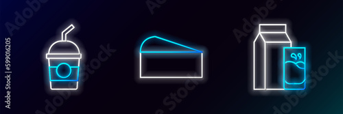 Set line Paper package for kefir, Milkshake and Cheese icon. Glowing neon. Vector