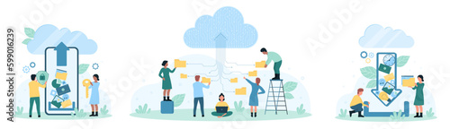 Cloud storage for data files set vector illustration. Cartoon tiny people upload digital documents, backup and archives to cloud service, online organization and security of folders and catalogs