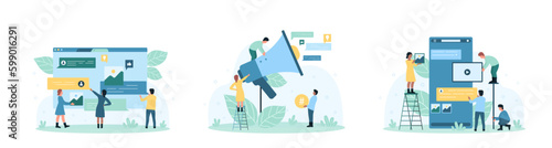 Online communication set vector illustration. Cartoon tiny people talk by chat messages in social media and post content on phone screen, characters speak with megaphone in marketing campaign