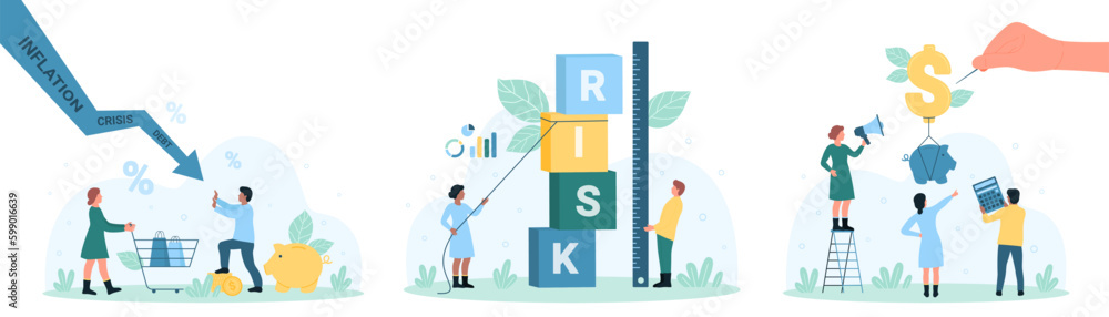 Finance, investment risks set vector illustration. Cartoon hand with ...