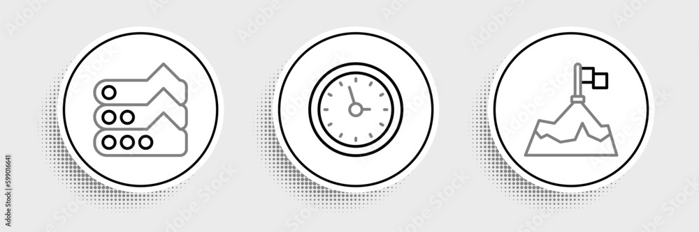 Set line Mountains with flag, Graph, chart, diagram and Clock icon. Vector Set line Mountains with flag, Graph, chart, diagram and Clock icon. Vector