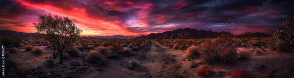 Dramatic Sunset With Deep Reds, Purples And Blues Over Desert Landscape. Panoramic Banner. Generative AI