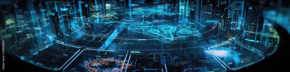 Holographic Interface Displaying Realtime Smart Grid Data. Panoramic Banner. Generative AI Holographic Interface Displaying Realtime Smart Grid Data. Panoramic Banner. Generative AI