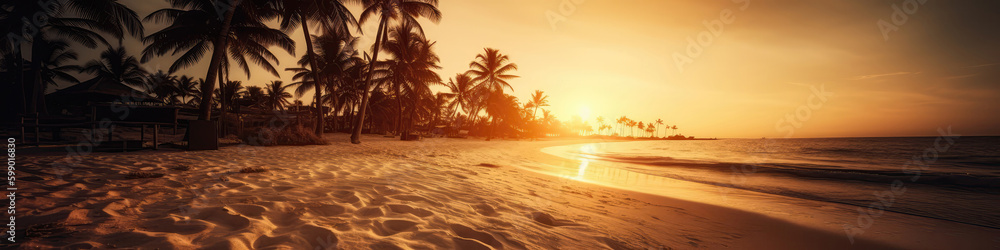 Tranquil Beach Scene With The Sun Setting Behind Palm Trees And Casting Golden Glow On The Sand. Panoramic Banner. Generative AI