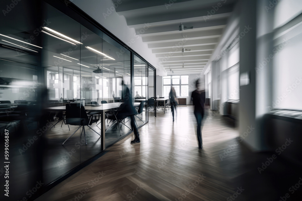 Office With Blurry People In Motion. Generative AI Office With Blurry People In Motion. Generative AI