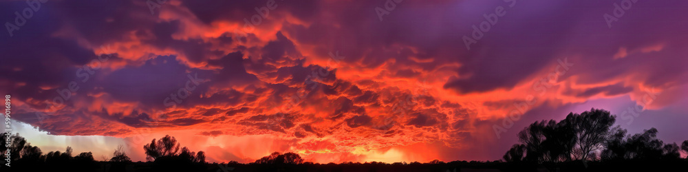 Fototapeta premium Stunning Display Of Pink, Purple And Gold Clouds Illuminated By The Setting Sun. Panoramic Banner. Generative AI