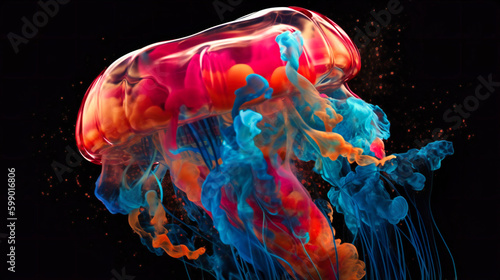 A close up view of colorful Jellyfish in a black background