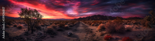 Dramatic Sunset With Deep Reds, Purples And Blues Over Desert Landscape. Panoramic Banner. Generative AI