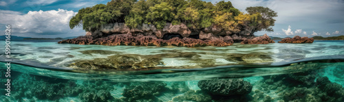 Tropical Island With Crystalclear Water And Colorful Coral Reefs. Panoramic Banner. Generative AI