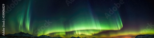 Spectacular Display Of The Aurora Borealis Lighting Up The Night Sky Above Icy Tundra With Snowcapped Mountains In The Distance. Panoramic Banner. Generative AI