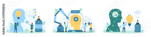 Artificial intelligence, machine learning and invention set vector illustration. Cartoon busy tiny people create AI digital brain in human head with robots help, connect light bulb to mind with wires