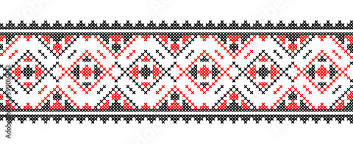 Ukrainian vector ornament, seamless border. Ukrainian folk, ethnic geometric embroidery. Ornament in red and black colors. Pixel art, vyshyvanka, cross stitch