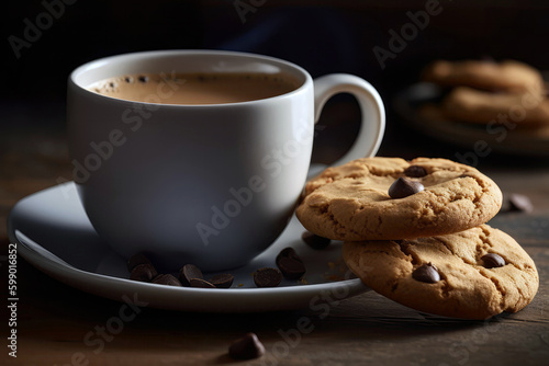 Coffee Cup And Saucer With Cookie Balanced On The Edge Of The Cup. Generative AI