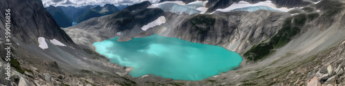 Mountainous Landscape With Glacier Feeding Bluegreen Lake Below. Panoramic Banner. Generative AI